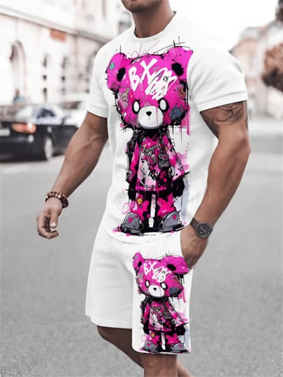 3D Print Men's Short Sleeve T-Shirt + Shorts Set, Casual Sports Suit, Breathable Outdoor Leisure Men's T-Shirt And Bermuda Shorts Set, Summer, Father's Day Gift