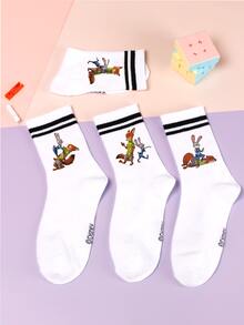 5 Pairs Of  Pattern Calf Socks, Sports Stripes, Polyester Material, Cute Cartoon Design, Fashionable, Casual, Breathable, Suitable For Daily Wear, Back To School Season And Holiday Gifts. - Multicolor - View 2