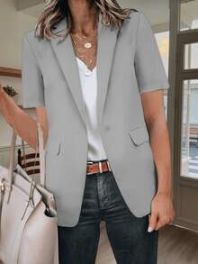Womens Casual Short Sleeve Blazer Lapel Open Front Work Office Jacket - Xám - Xem 4