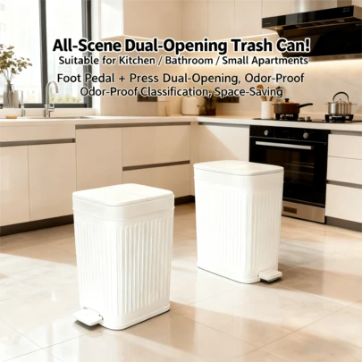Space-Saving Foot Pedal & Press Dual-Opening Trash Can Large Capacity Kitchen/Bathroom Wastebasket Durable Indoor Compost Bin Home Storage Box, Hands-Free Step And Push Operation With Space-Saving Slim Profile, Odor-Control Lid Design, Multipurpose Use For Kitchens, Bathrooms, Laundry Rooms, Offices, Dorms, RVs, Pet Areas And Nurseries, Easy-Maintain Construction, Ideal For Holiday Hosting, Halloween Parties, Thanksgiving And Christmas Entertaining, Gift-Ready Home Organization Solution