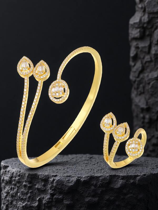 1 Set Of 2pcs Elegant Fashion Water Drop Fully Paved Zirconia Open Bangle Rings Set, Women Daily, Festival, Party, Date Wear, Christmas Gift Bangle Rings Set