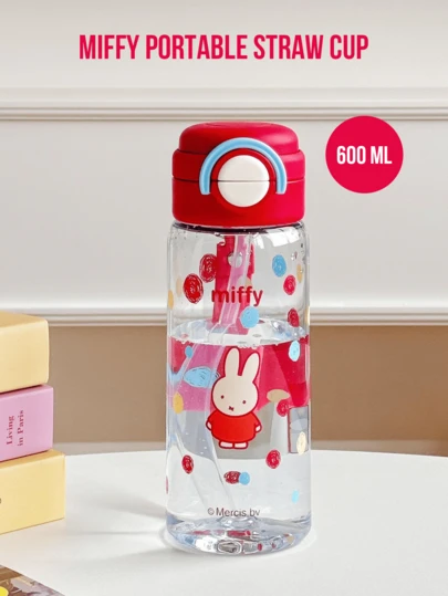Miffy Dual-Drink Happy Cup 600ML Red, Adorable Miffy Cartoon Print, Transparent Body With Red Lid, Silicone Straw, Dual-Drink Design, Leak-Proof, Portable With Lanyard Premium Quality, Perfect For Daily Use, Office, Travel, Leisure, Shopping, Ideal For Miffy Fans, Cartoon Lovers, Young Women, Students, Office Workers, Lovely Gift For Friend