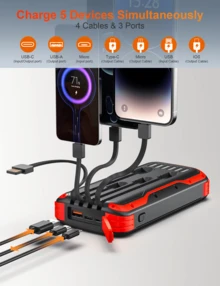 40000mAh Large-Capacity Battery Pack Portable MobilePhone Charger With Built-In Bright Flashlight 4 Cables PD20W Fast Charging 5 Output 3 Input Travel Emergency Applicable To Most Electronic Devices - Đỏ - Xem 2