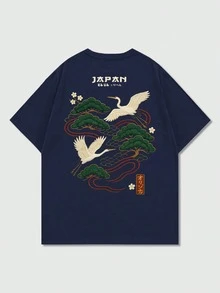 男士休闲百搭简约日式仙鹤印花短袖T恤 - 藏蓝色 - 查看 4