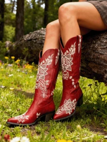 Womens Western Cowboy Boots Mid-Heel Embroidered Square Toe Mid-Tube Rider Boots Outdoor Hiking Boots - đỏ tía - Xem 1