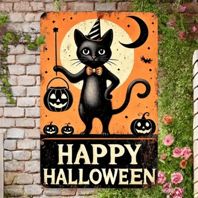 1pc Vintage "Happy Halloween" Metal Wall Decor Sign - Durable 8x12 Inch Indoor/Outdoor Home Porch Party Decoration With Funny Black Cat, Pumpkin & Bat Design - No Electricity Needed, Humorous Cat Pattern, Halloween Decor