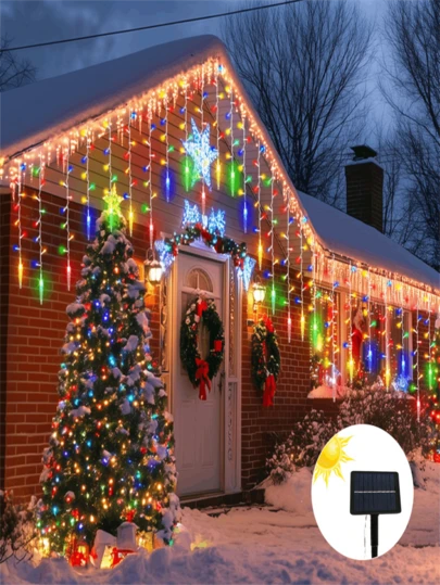 1个太阳能冰柱灯，LED窗帘冰柱串灯，96颗LED户外仙女灯，圣诞瀑布仙女灯，冰锥形串灯，冬季门廊/屋檐装饰，花环，室内派对装饰，节日氛围（300mAh）