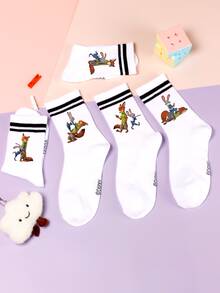 5 Pairs Of  Pattern Calf Socks, Sports Stripes, Polyester Material, Cute Cartoon Design, Fashionable, Casual, Breathable, Suitable For Daily Wear, Back To School Season And Holiday Gifts. - Multicolor - View 4