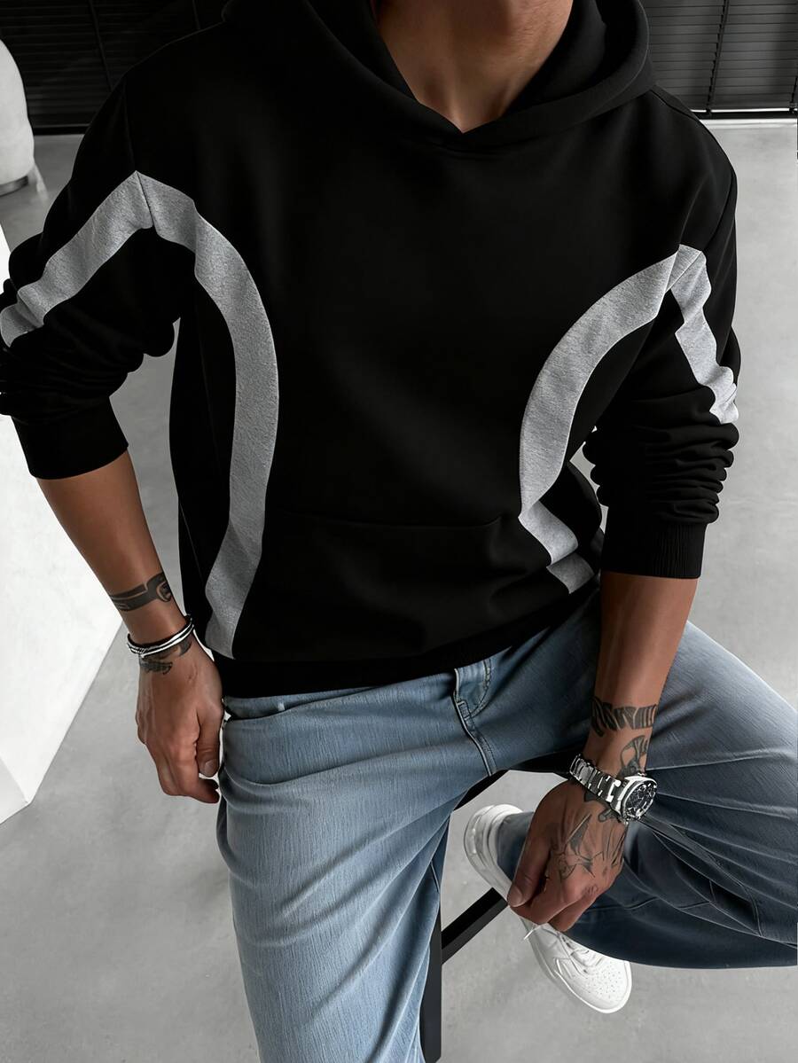 Men's Autumn/Winter Casual Loose Fit Drop Shoulder Colorblock Hoodie Sweatshirt - Black - View 1