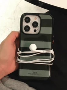 奢华穿孔漩涡粉棕条纹防震手机壳，兼容 17 Pro Max、12、13、14、15、16 Pro Max、14、15、16 Plus、17、11 - 綠色條紋 - 查看 3