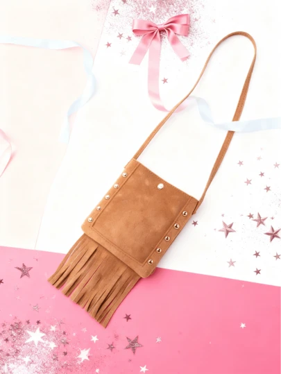 1pc Faux Suede Fringe Rivet Decor Versatile Crossbody Bag, Niche Fringe