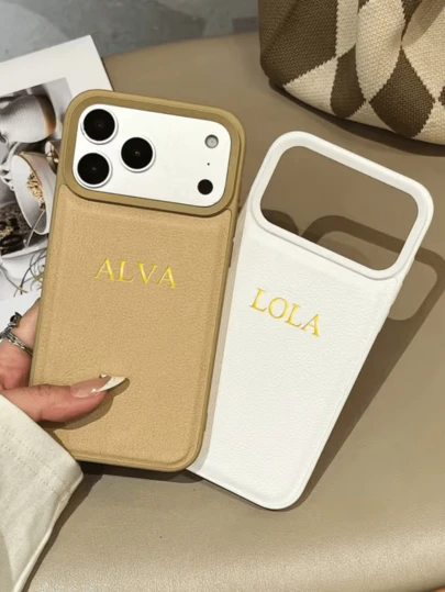 Funda de teléfono personalizada con inicial y nombre, compatible con iPhone 17/16/15/14/13/12/11 Pro Max/17 Air, de material de piel sintética suave y de moda, con estampado en caliente, tallado 3D a prueba de golpes, funda protectora como regalo, compatible con iPhone 17 Pro Max
