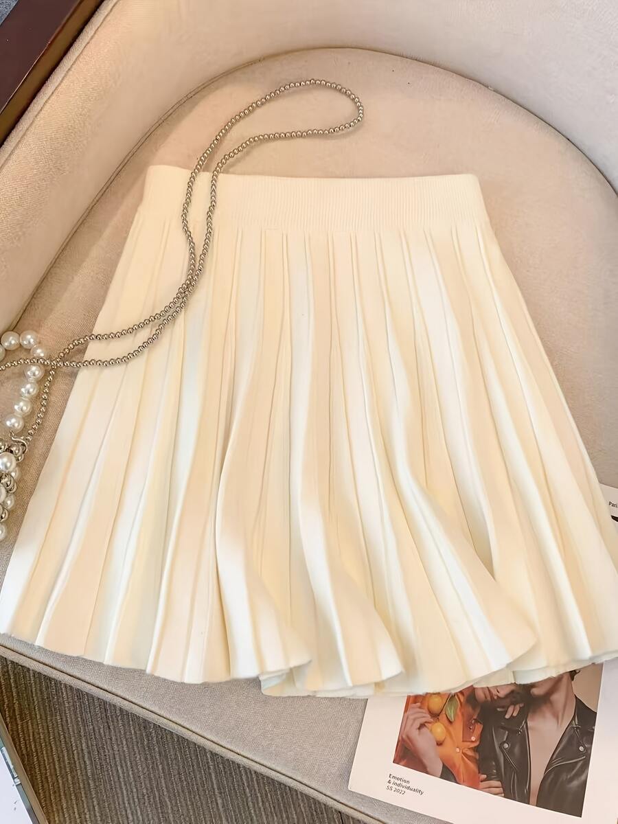 女士优雅休闲针织迷你裙，高腰褶皱针织中长裙，通勤、商务休闲皆宜，适合各种场合，春夏款 - 白色 - 查看 1