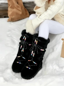 Women's Faux Fur Boots  Fuzzy Fluffy Furry Snow Boots Round Toe With Lace-Up Design Cute Warm Suitable For Christmas Halloween And Winter - 黑a - 查看 6