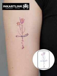 INKARTLINK وشم مؤقت فني بتصميم خط وردة وردي رقيق من INKARTINK، ملصق وشم زهري مائي وهمي، وشم زائف واقعي، يدوم من يومين إلى خمسة أيام، تصميم فريد للزينة - متعدد الألوان - مشاهدة 7