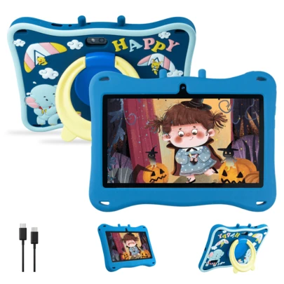 Qetupa Tablette pour enfants Android 15, écran 7 pouces, RAM 10 (4+6) Go + stockage 64 Go, résolution 1024*600, double caméra 20 Mpx (avant et arrière), Wi-Fi 2,4G/6G, Bluetooth 5.0, batterie 3500 mAh, tablette d'apprentissage avec protection des yeux