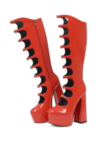 Women's Knee High Boots Patent Leather Platform Round Toe Chunky Block Heeled Boots Lolita Y2K Gothic Buckle Waterproof Platform Cool Boots With Side Zipper For Halloween Christmas - 紅色 - 查看 3