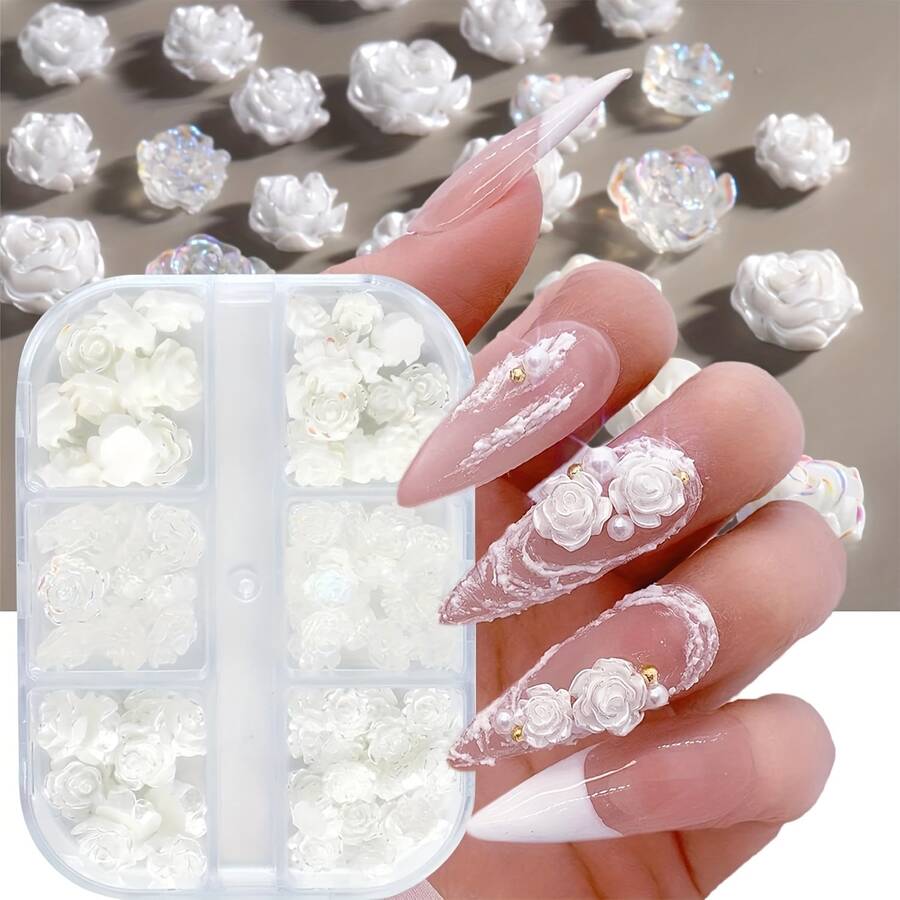6 Grids Rose 5D Flower Shape Nail Art Decoration White Rose Flower Nail Art Ornaments Women's Nail Salon Nail Art Accessories - White - View 1