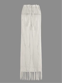 Allurini 2025新款性感别致抽绳流苏针织镂空半身裙，女士夏季泳池派对沙滩休闲长款半身裙，优雅时尚 - 米色 - 查看 1