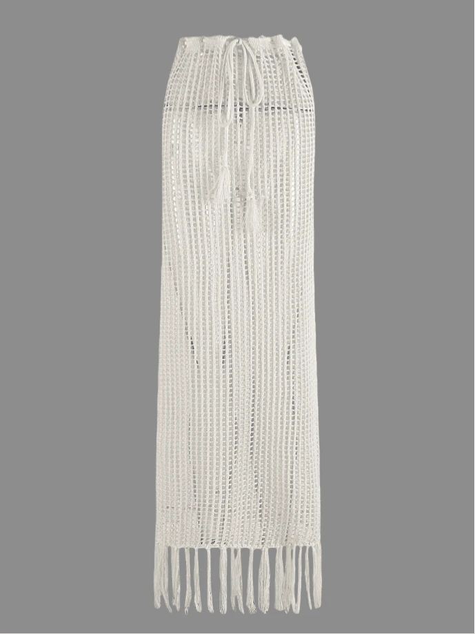 Allurini 2025新款性感别致抽绳流苏针织镂空半身裙，女士夏季泳池派对沙滩休闲长款半身裙，优雅时尚 - 米色 - 查看 1