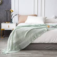 50" X 60" Knitted Throw Blanket, Super Soft Tassel Fringe Sage Green Cozy Blanket, Comfortable Shawl For All Seasons, Suitable For Napping, Car Travel And Home Decor, Soft Polyester Blend, Multipurpose Use