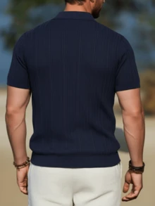 Men's Textured Jacquard Short Sleeve Casual Commuter Polo Shirt - Navy Blue - View 2