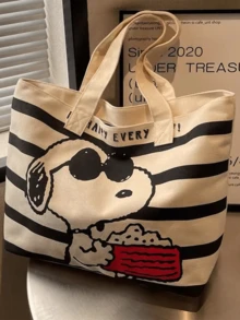 Versatile Casual Tote Bag, White Base With Black Stripes, Cute Cartoon Print, Canvas Material, Large Capacity, Portable Design, Suitable For Daily Use, Leisure, Shopping, Commuting, Cartoon Enthusiasts, Young Women, Students, Office Workers, Also A Thoughtful Gift For Friends/Loved Ones - Black - View 9