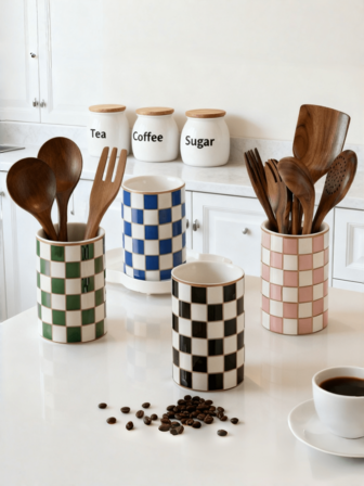 Plaid Dual-Tone High-Quality Ceramic Utensil Holder, Desk Pen Cup, Cutlery Organizer
