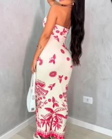 Women's Strapless Midi Dress - Tropical Summer - Hot Pink - View 1