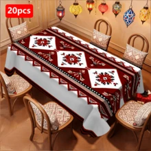 Bộ 20 khăn trải bàn, gồm 1 khăn trải bàn và 20 khăn, với họa tiết hình học truyền thống màu đỏ và trắng được trang trí bằng hoa văn và họa tiết hoa lá, thích hợp cho các lễ hội Hồi giáo, nhà bếp gia đình, tiệc ngoài trời và các buổi tiệc chiêu đãi. - Nhiều màu - Xem 14