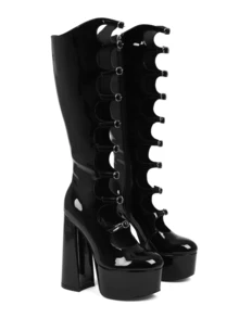 Women's Knee High Boots Patent Leather Platform Round Toe Chunky Block Heeled Boots Lolita Y2K Gothic Buckle Waterproof Platform Cool Boots With Side Zipper For Halloween Christmas - 黑色 - 查看 6