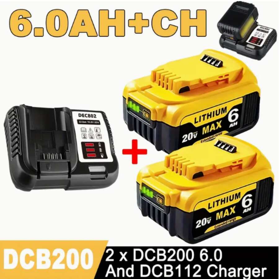 2 Pack Upgraded 6000mAh 20V Max Replacement For DEWALT DCB200 Battery And DCB112 Charger Combo DCB200 With 12V/20V DCB112 Station Kit Compatible With Dewalt 20Volt Tools - màu đen - Xem 1