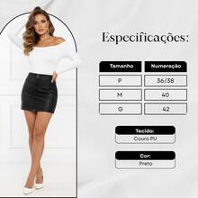 Saia Curta Feminina Couro Fake Pu Cintura Alta Hot Pants Acinturada Justa Zíper Frontal Festa Balada - Preto - Visão 3