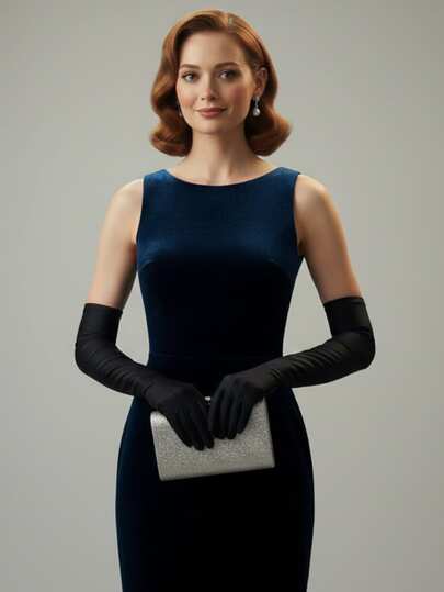 1 Pair Women's Black Solid Long Elbow-Length Nylon Spandex UV Protection Bridal Gloves, Suitable For Wedding Photography Valentine's Day Accessories