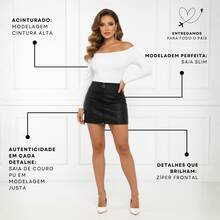 Saia Curta Feminina Couro Fake Pu Cintura Alta Hot Pants Acinturada Justa Zíper Frontal Festa Balada - Preto - Visão 4