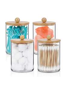 2 piezas de 10 onzas Organizadores de baño, aptos para brochas de maquillaje, hilo dental, dispensador de almohadillas, con tapas de bambú - Multicolor - Ver 1