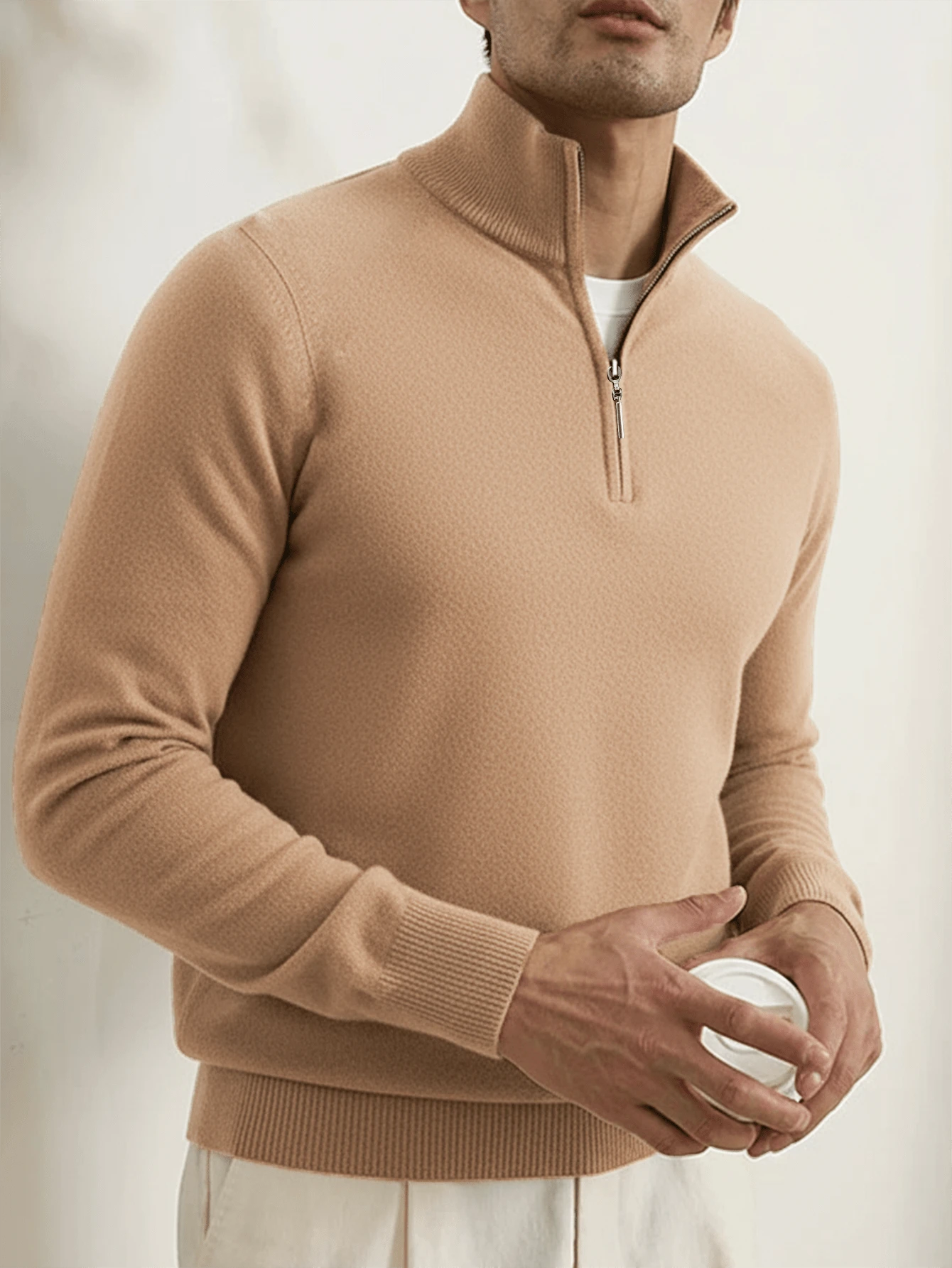 ALTZTAR 男士宽松轻薄拉链长袖针织开衫，简约时尚 - 駝色 - 查看 1