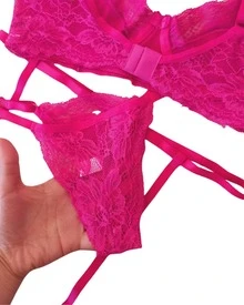 Sensual Lace Panty And Bra Set With Garter Belt - Màu Hồng Tươi - Xem 3