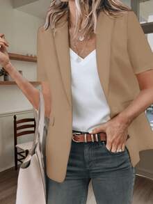 Womens Casual Short Sleeve Blazer Lapel Open Front Work Office Jacket - Màu Khaki - Xem 2