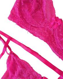 Sensual Lace Panty And Bra Set With Garter Belt - Màu Hồng Tươi - Xem 2