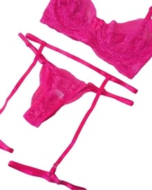 Sensual Lace Panty And Bra Set With Garter Belt - Màu Hồng Tươi - Xem 1