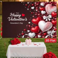 1PC 2d Flat, Valentine's Day Heart-Shaped Background Banner, Polyester Fabric, Red And White Heart, Bow Design, Suitable For Valentine's Day Parties, Weddings, Birthdays, Couple Dates, Anniversaries, Romantic Theme Activities, Festival Parties, Gatherings And Celebrations