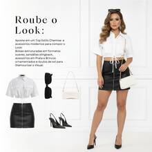 Saia Curta Feminina Couro Fake Pu Cintura Alta Hot Pants Acinturada Justa Zíper Frontal Festa Balada - Preto - Visão 7