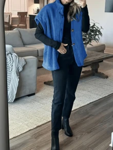 大码女式纯色泰迪绒优雅休闲背心外套，适合日常办公穿着，秋冬季 - 藍色 - 查看 3