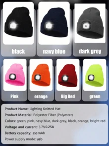 LED针织帽，户外、露营、运动、保暖、照明、多款式可拆卸、夜间户外步行帽、骑自行车、徒步旅行、旅行、钓鱼、工作、免提照明帽 - 彩色 - 查看 11