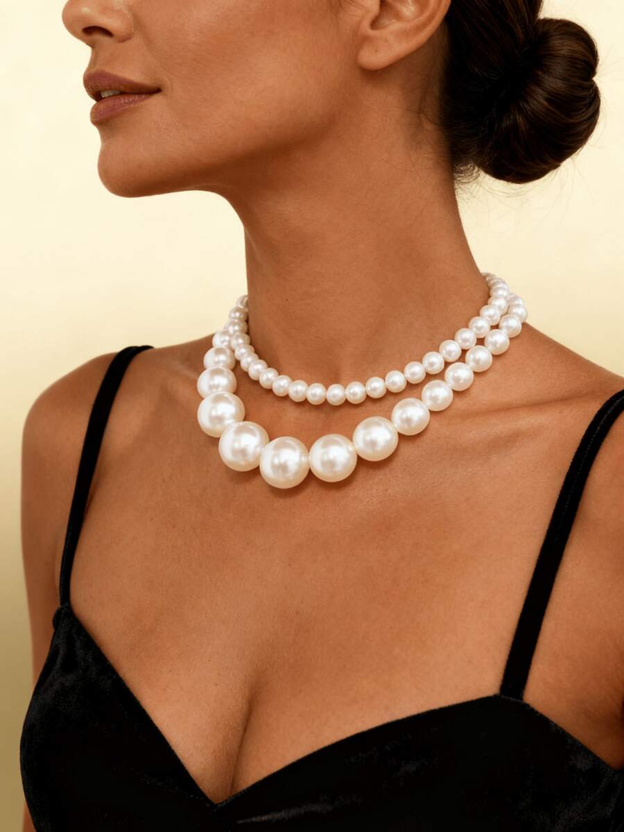 2 Peças Colar de Contas de Pérolas Falsas Multicamadas, Design Elegante Exagerado Adequado para Uso Diário e Festas de Mulheres, Pode Ser Usado como Presente de Aniversário, Feriado, Natal, Ano Novo - Branco - Visão 1