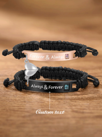 1 Customized Couple Woven Bracelet, Customized Love Magnetic Couple Chain, Personalized Woven Stretch Rope Design, Her Couple Jewelry, Couple Carved Heart-Shaped Magnetic Gift, New Year's Gift, Christmas Gift, Valentine's Day Gift, Heart To Heart Magnetic Attraction, Eternal, Zinc Alloy Material, Suitable For Daily And Vacation Occasions
