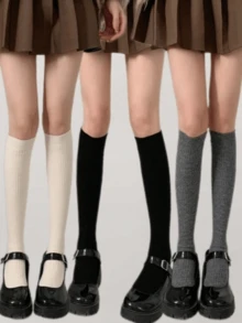 1/3双纯色针织过膝袜，简约学院风过膝袜，女士秋冬长袜 - 彩色 - 查看 12