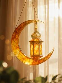 1pc Gold Acrylic Printed Lantern Decor Hanging Ornament, Moon & Star Hanging Decor, Acrylic Crescent Moon & Star Decor, Holiday Decoration, Islamic Style Home Decor, Boho Style Wall Hanging, Suitable For Living Room, Bedroom, Office, Gift (Please Remove The Protective Film Before Use, Material Is Acrylic, Not Glass) - Multicolor - View 10