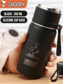 350毫升史努比真空保温杯，黑色哑光杯身配银色金属盖，316不锈钢内胆，硅胶密封盖，多功能盖，防漏，内置过滤器，轻巧便携，保温/保冷，适合日常使用、办公、学习、旅行、阅读、桌面装饰，是史努比粉丝、卡通爱好者、学生、上班族的理想之选，也是一份贴心的礼物。